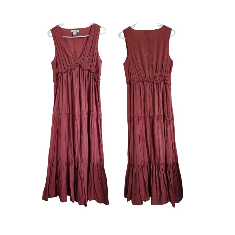 Rachel Zoe Boho V-neck Sleeveless Tiered Maxi Cotton Dress S Mauve Relaxed Coast